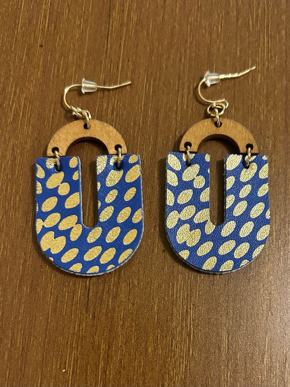 Blue faux leather earrings with gold dots and wooden arched top